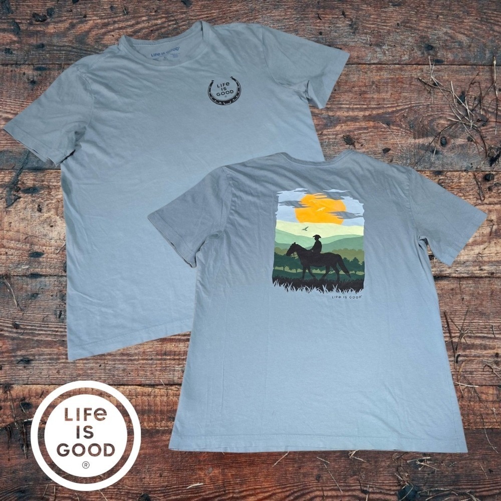 Life is Good Men's Sunset Rider Mountain Cowboy Crusher Lite Tee Muted Teal L